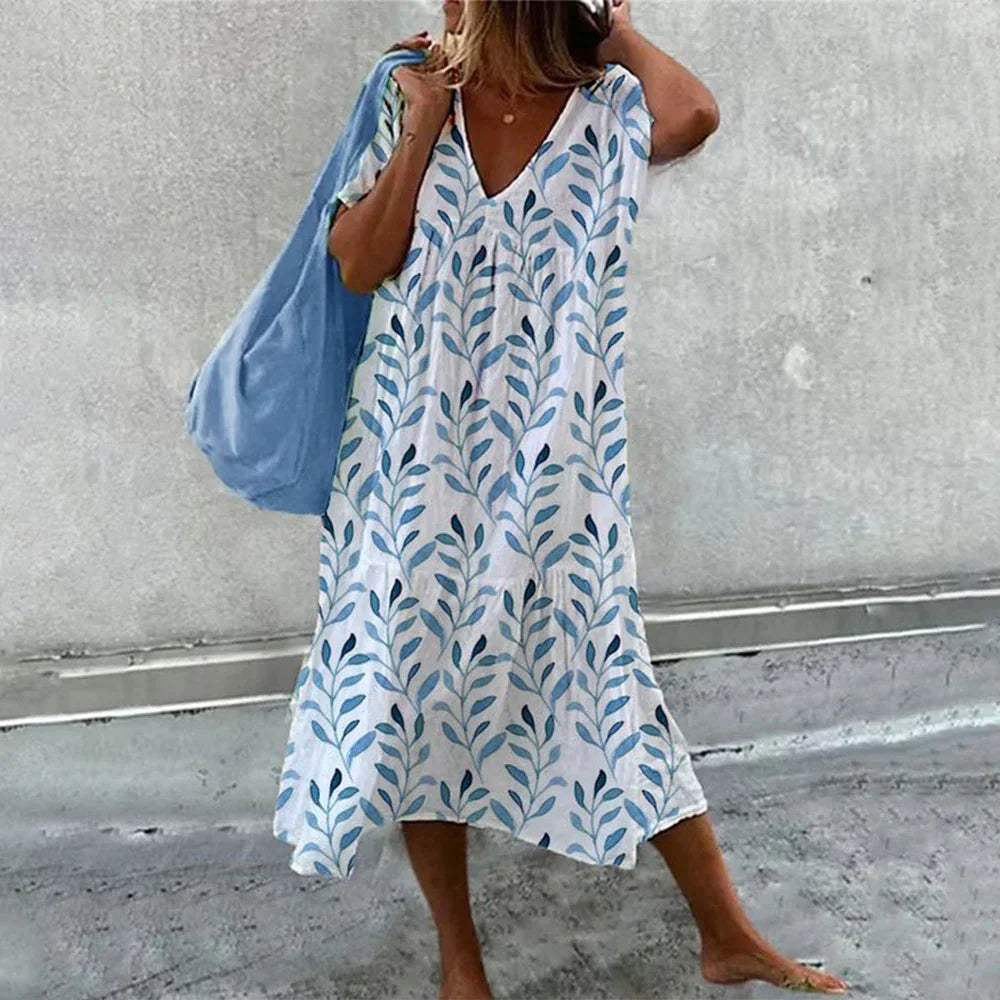 Levoire | Robe mi-longue blanche à manches courtes aquarelle bleue 2XL