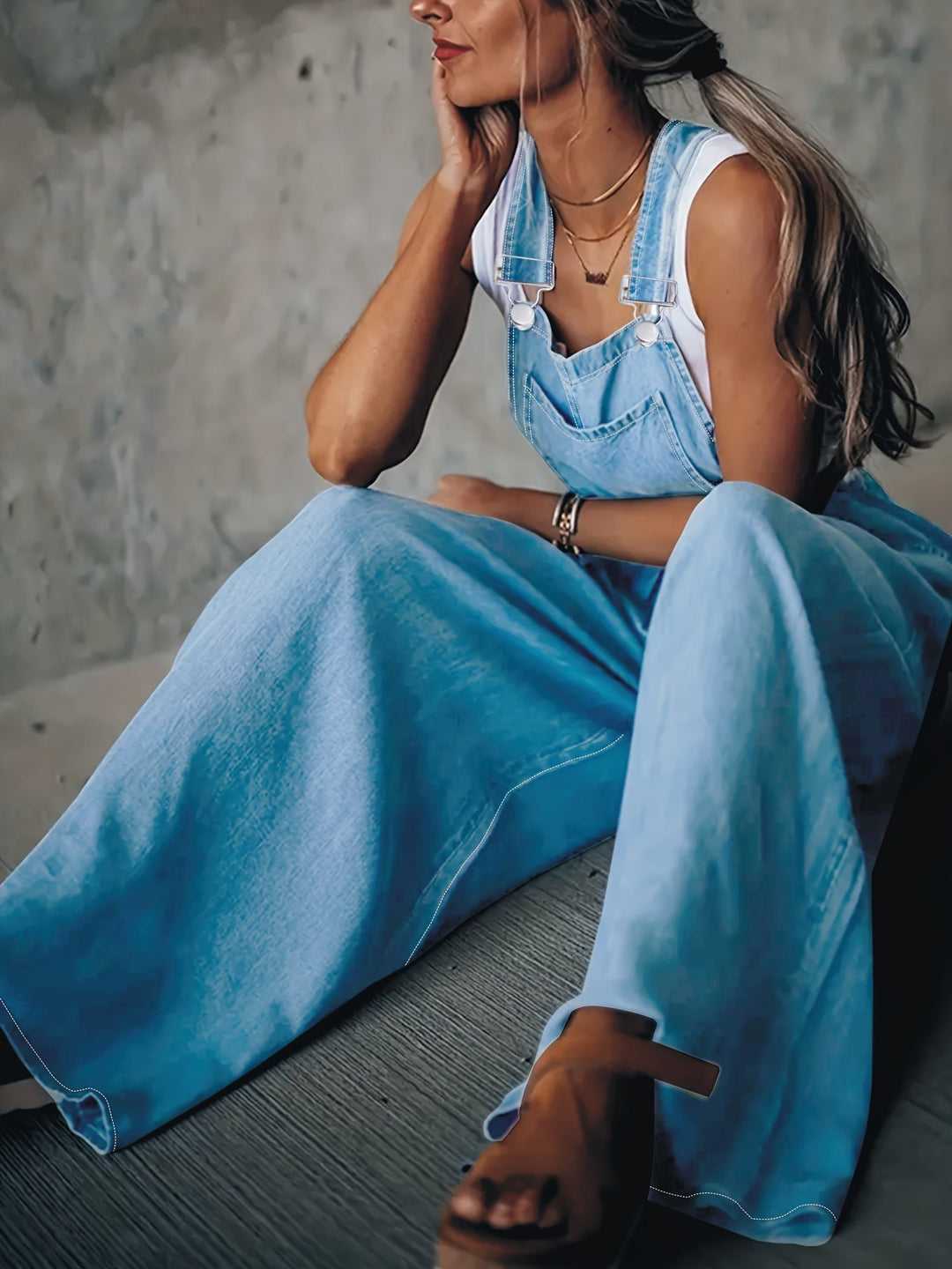 Levoire | Unicolore Bleu Clair Salopettes En Jean Relaxed