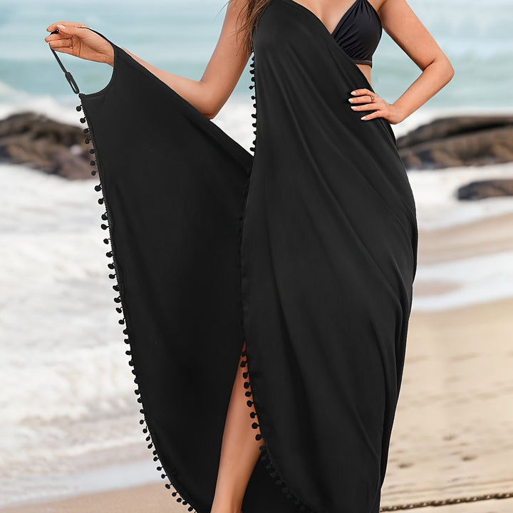 Levoire | Robe De Plage Maxi Unicolore Avec Des Décorations Pom Pom Et Décolleté En V