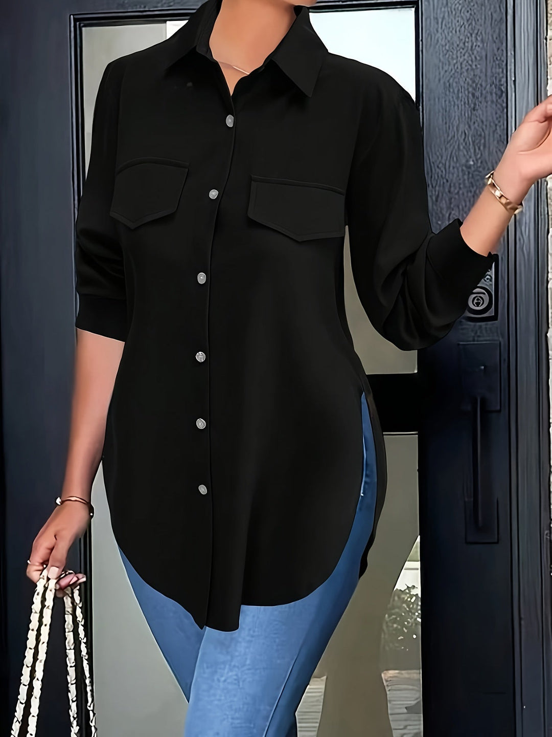 Levoire | Chemise Unie Avec Bouton Et Fente Élégante Noir