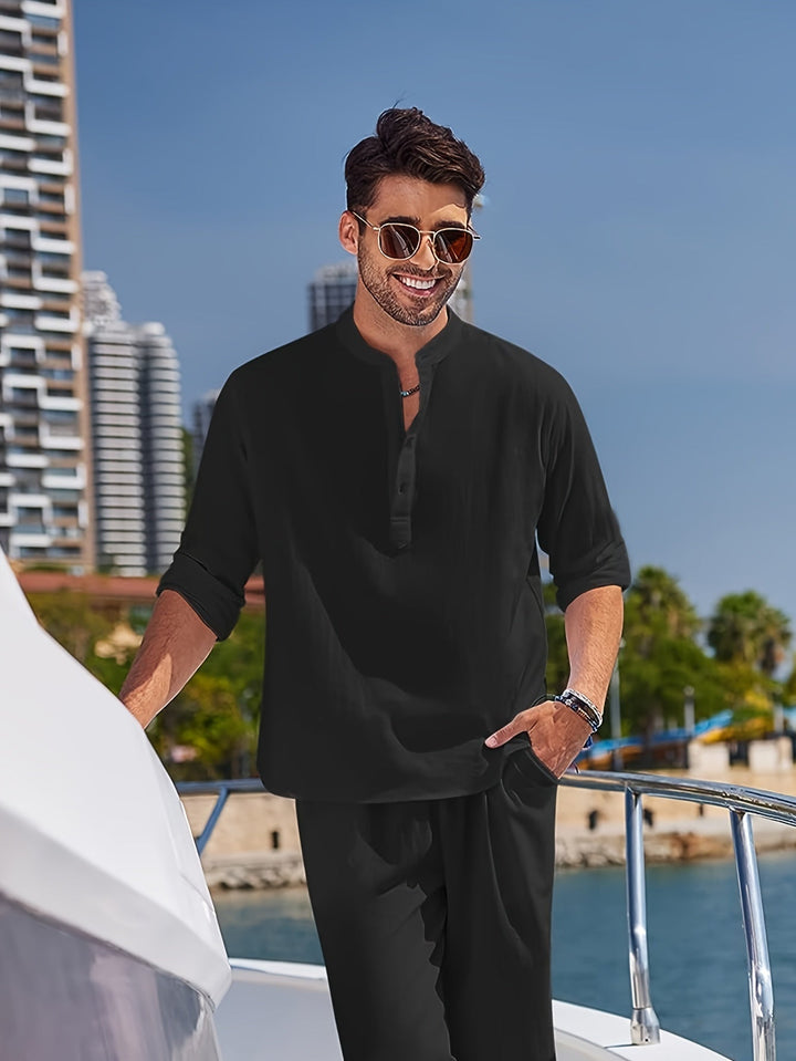 Levoire | T-Shirt Henley Homme Style Rétro À Manches Longues Uni Noir