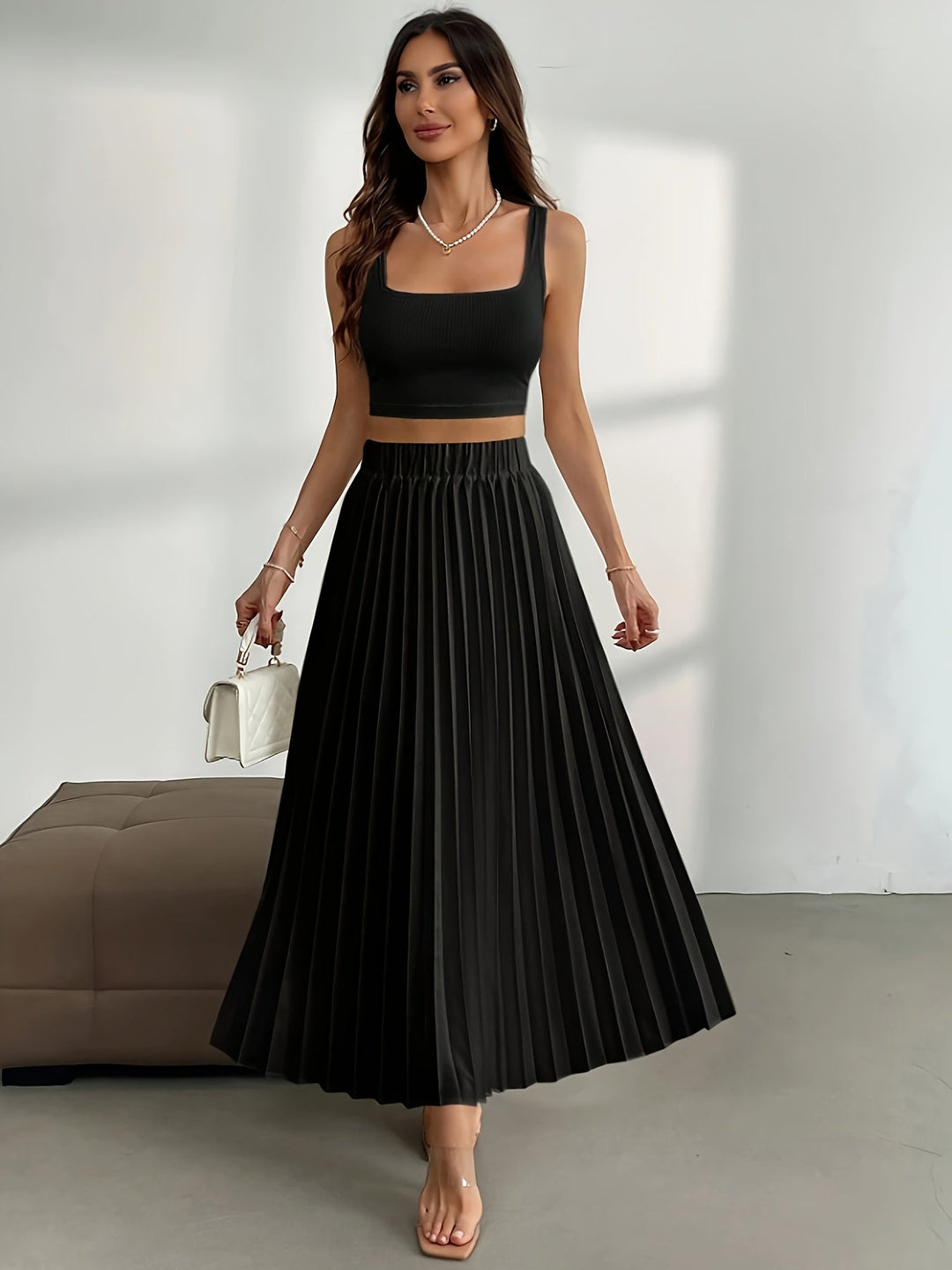 Levoire | Jupe Plissée Unicolore À Taille Haute Noir