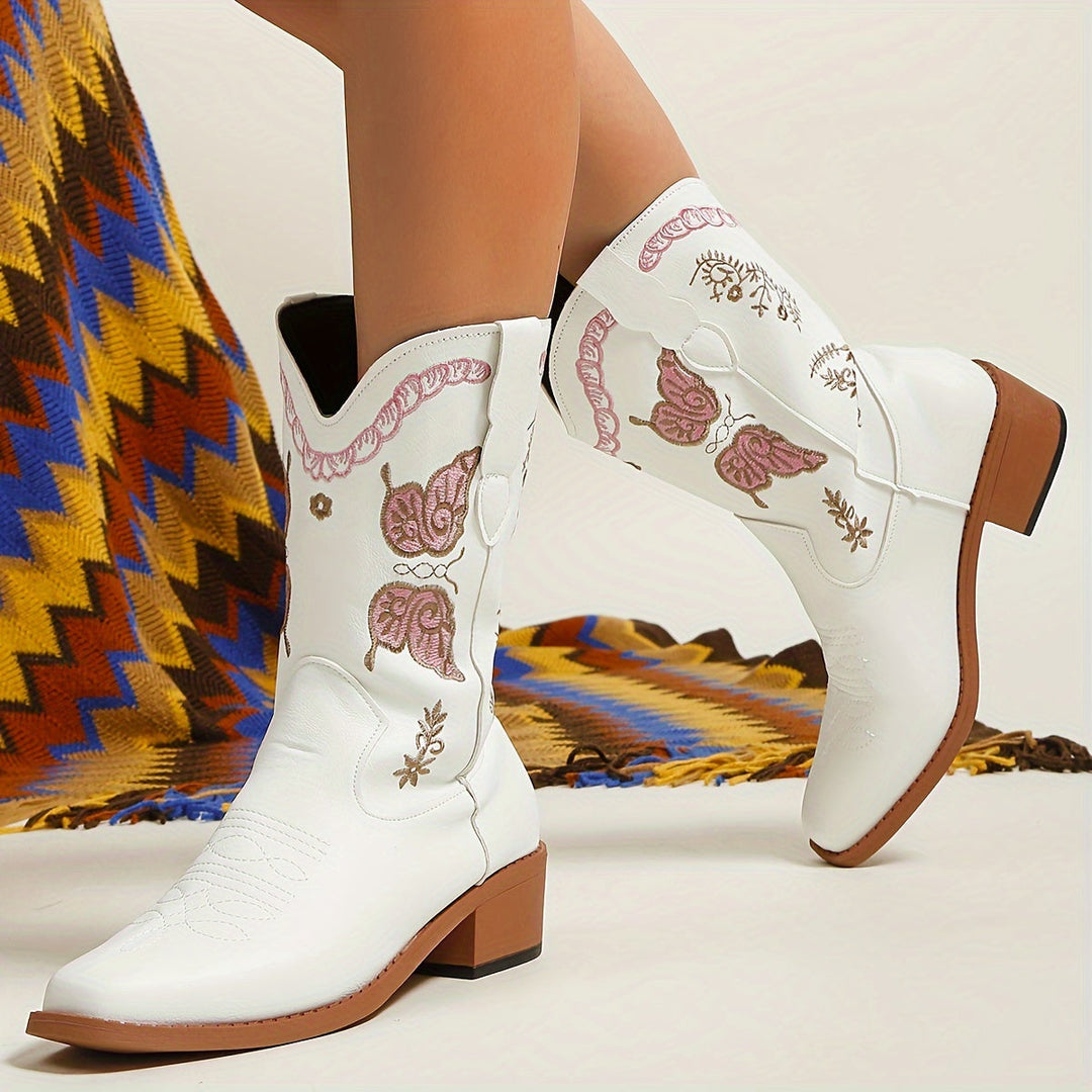 Levoire | Bottes Cowboy À Motifs De Papillons Pour Femmes Blanc