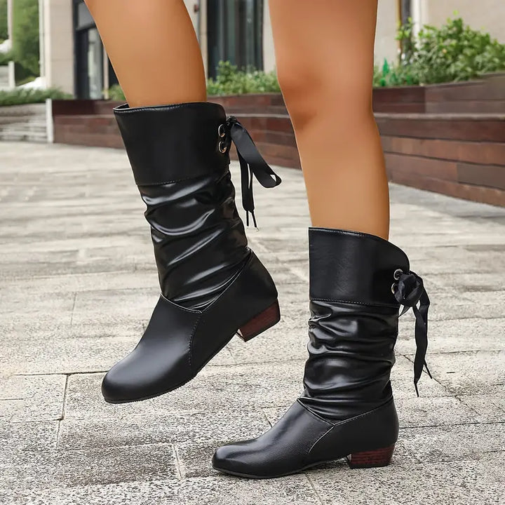 Levoire | Bottes à Lacets Femme Tendance à Talons Épais Mi-Mollet
