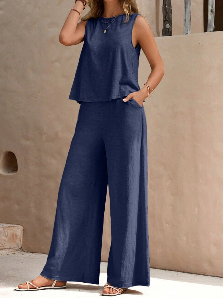 Levoire | Haut Col Rond Sans Manches Et Pantalon À Jambes Larges Bleu poussiéreux