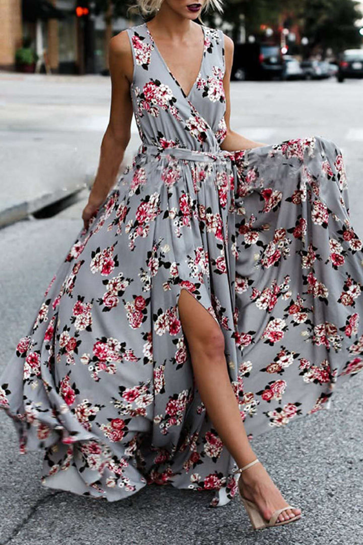 Levoire | Bohème Imprimé Floral V encolure Robe Sans Manches Wrap Multicolore