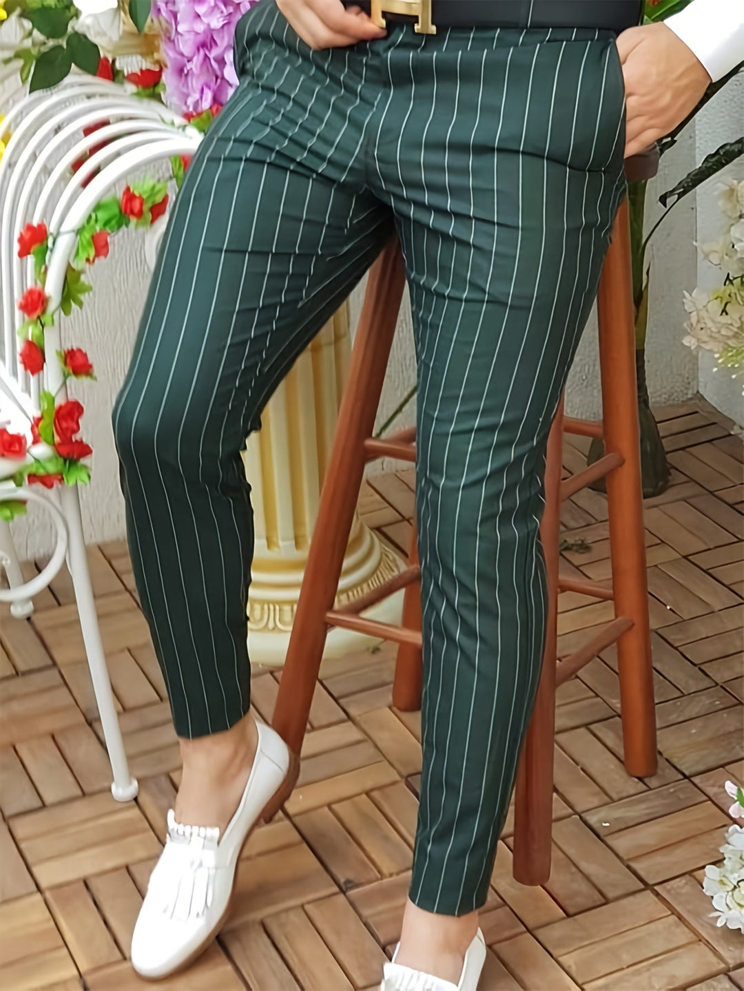 Levoire | Rétro Vert Rayé Imprimé Numérique Pantalon Homme Couleur mixte