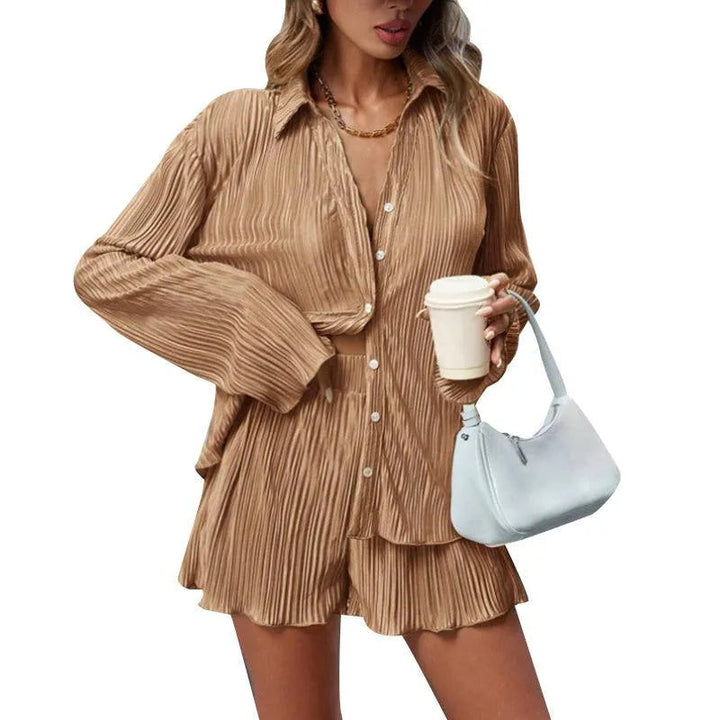 Levoire | Taille avec shorts et manches longues, retourné, uni, décontracté plissé Khaki