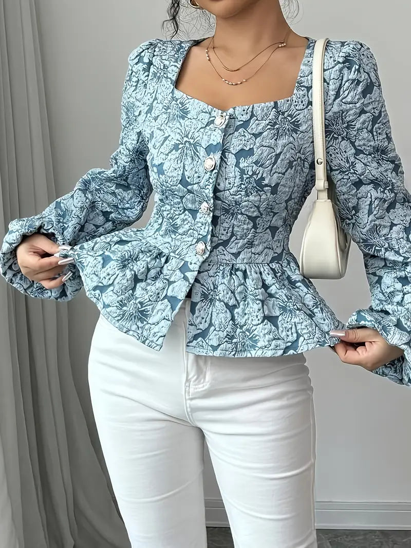 Levoire | Blouse Élégante Avec Motif Floral Et Manches Bouffantes Bleu