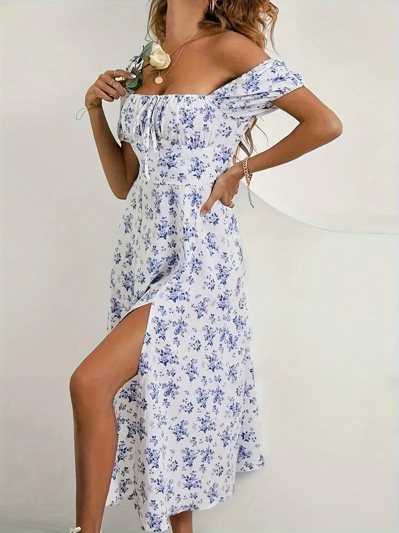 Levoire | Robe En A-Ligne Avec Imprimé Floral Et Manches Bouffantes Pour Le Printemps Et L'Été Fleur bleue