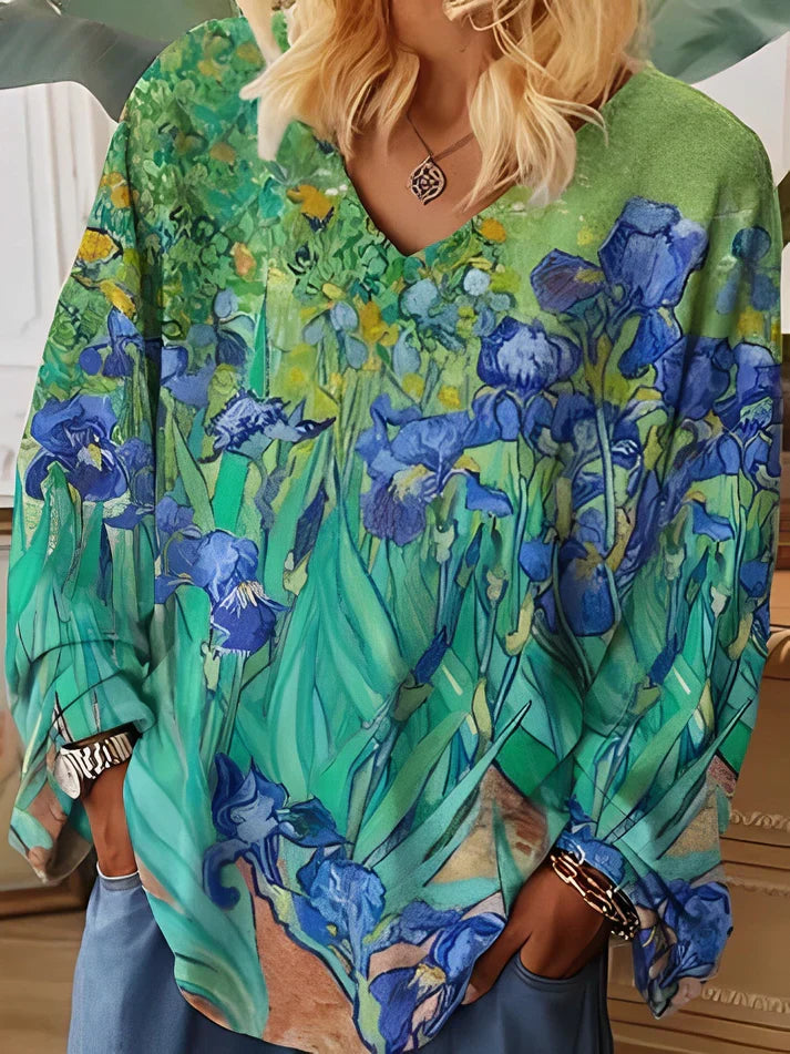 Levoire | Gogh Art T-Shirt À Col En V, Coupe Décontractée Vert
