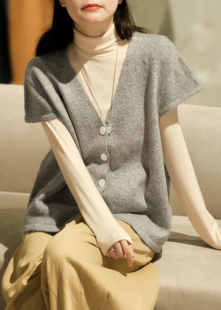 Levoire | V-Cou Veste À Boutons Sans Manches À Manches Courtes Pour Femmes Gris