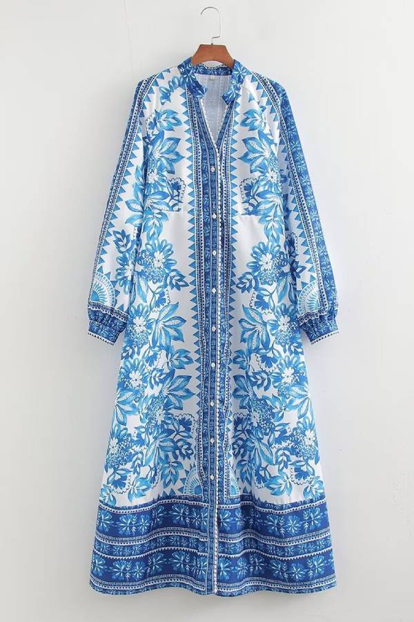Levoire | Robe maxi à manches longues imprimée Bleu
