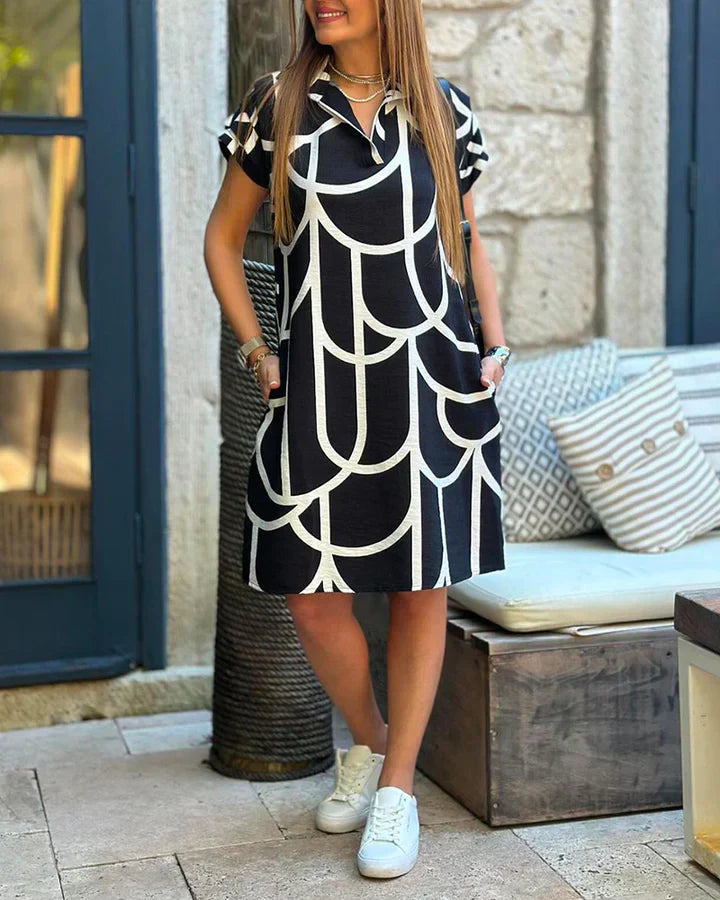 Levoire | Robe Midi À Manches Courtes Et Imprimé Noir