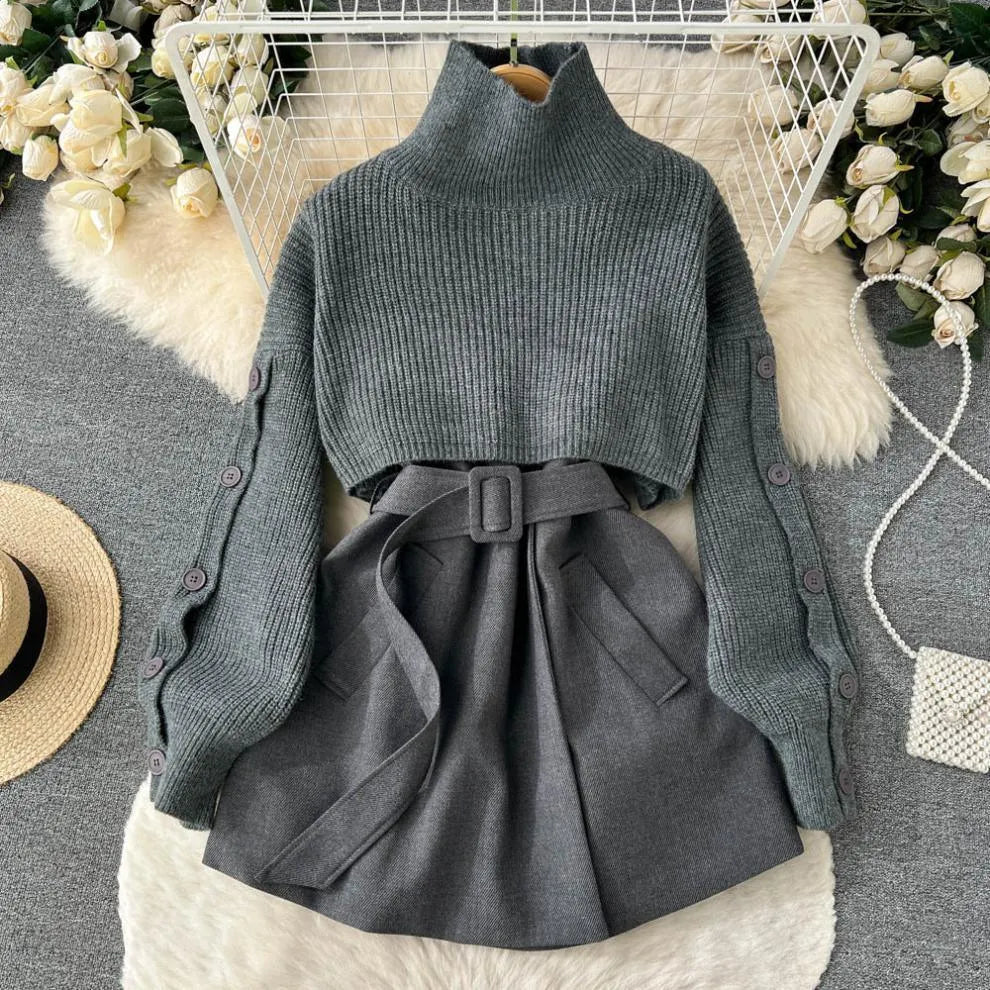 Levoire | Robe femme 2 pièces : pull court et jupe avec une élégante ceinture