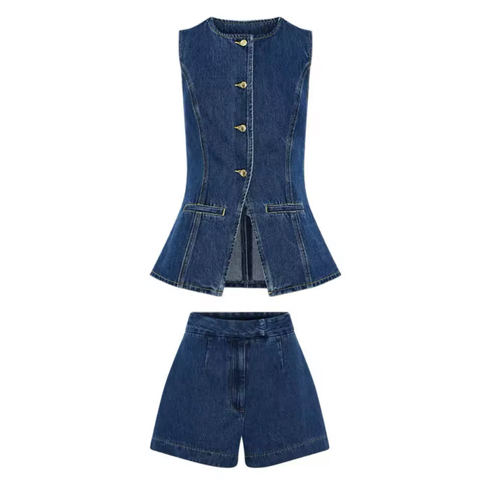 Levoire | Denim Elegance Ensemble Blazer Sans Manches Avec Shorts L