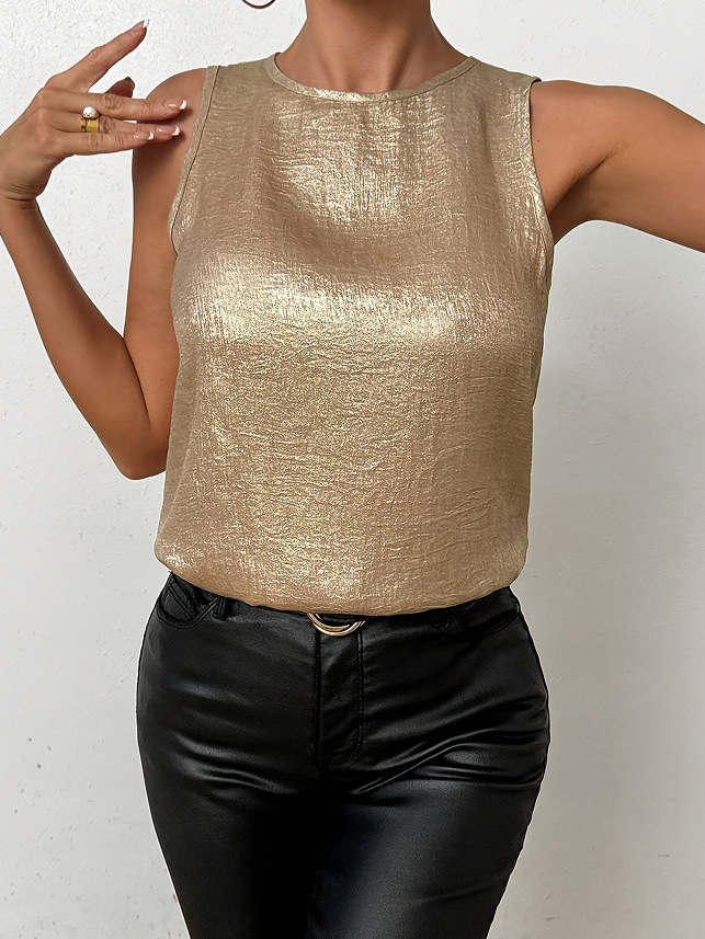 Levoire | Blouse Brillante Élégante Sans Manches Avec Détail Chic Champagne