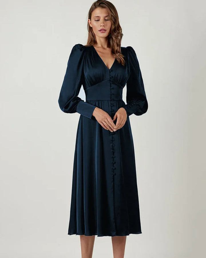 Levoire | Robe Maxi en Soie Décolleté en V pour Femmes Bleu marine