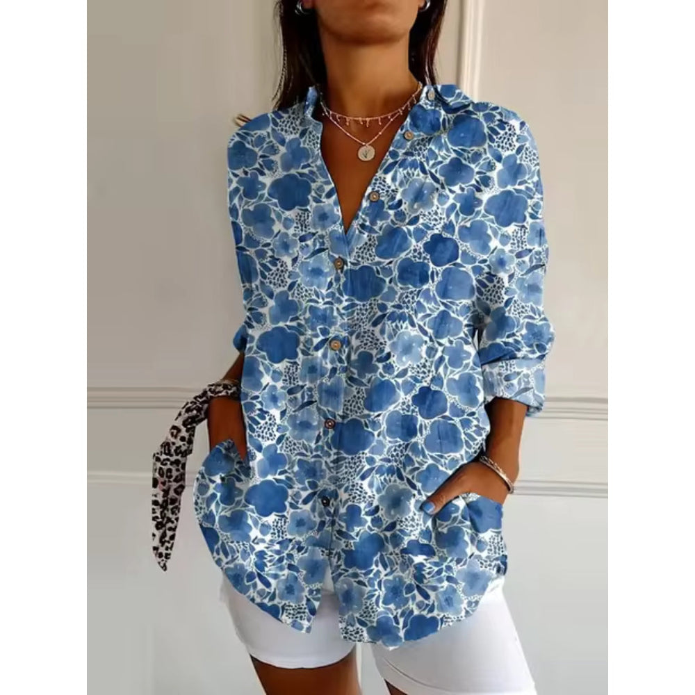 Levoire | Blouse À Fleurs Avec Boutons Pour Femmes Bleu