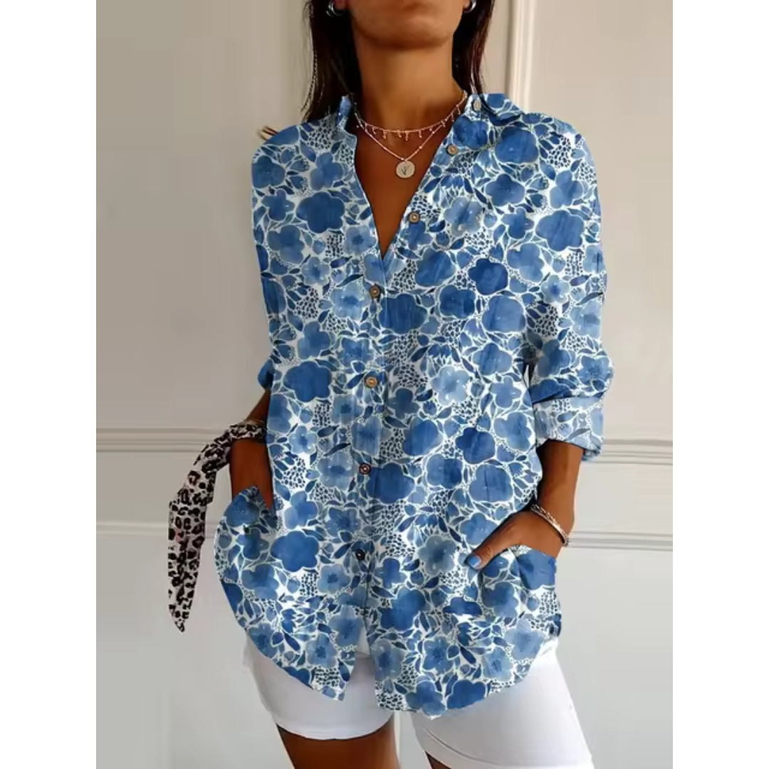 Levoire | Blouse À Fleurs Avec Boutons Pour Femmes Bleu