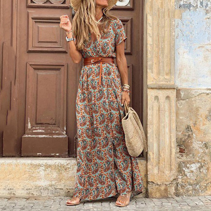 Levoire | Robe Maxi Boho d'été avec décolleté en V à manches courtes Braun