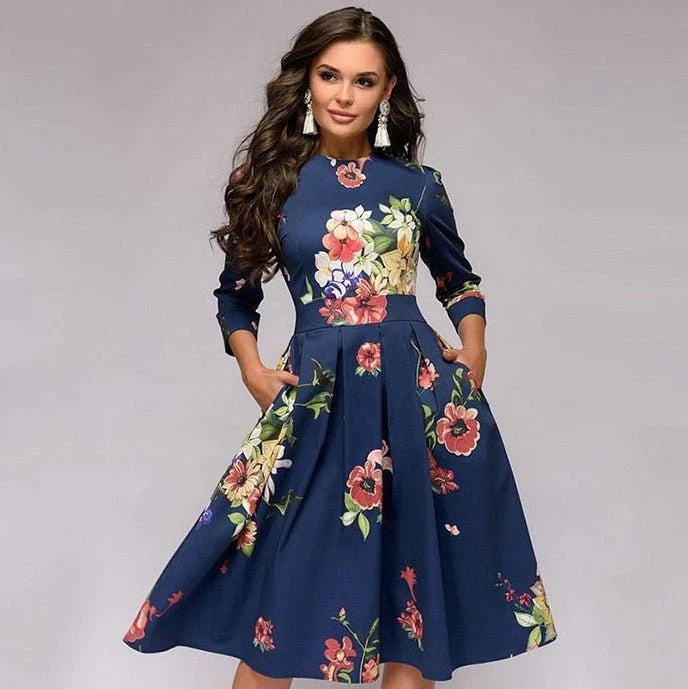 Levoire | Robe Midi Avec Jupe Évasée Et Imprimé Floral Pour Un Look Féminin Bleu marine