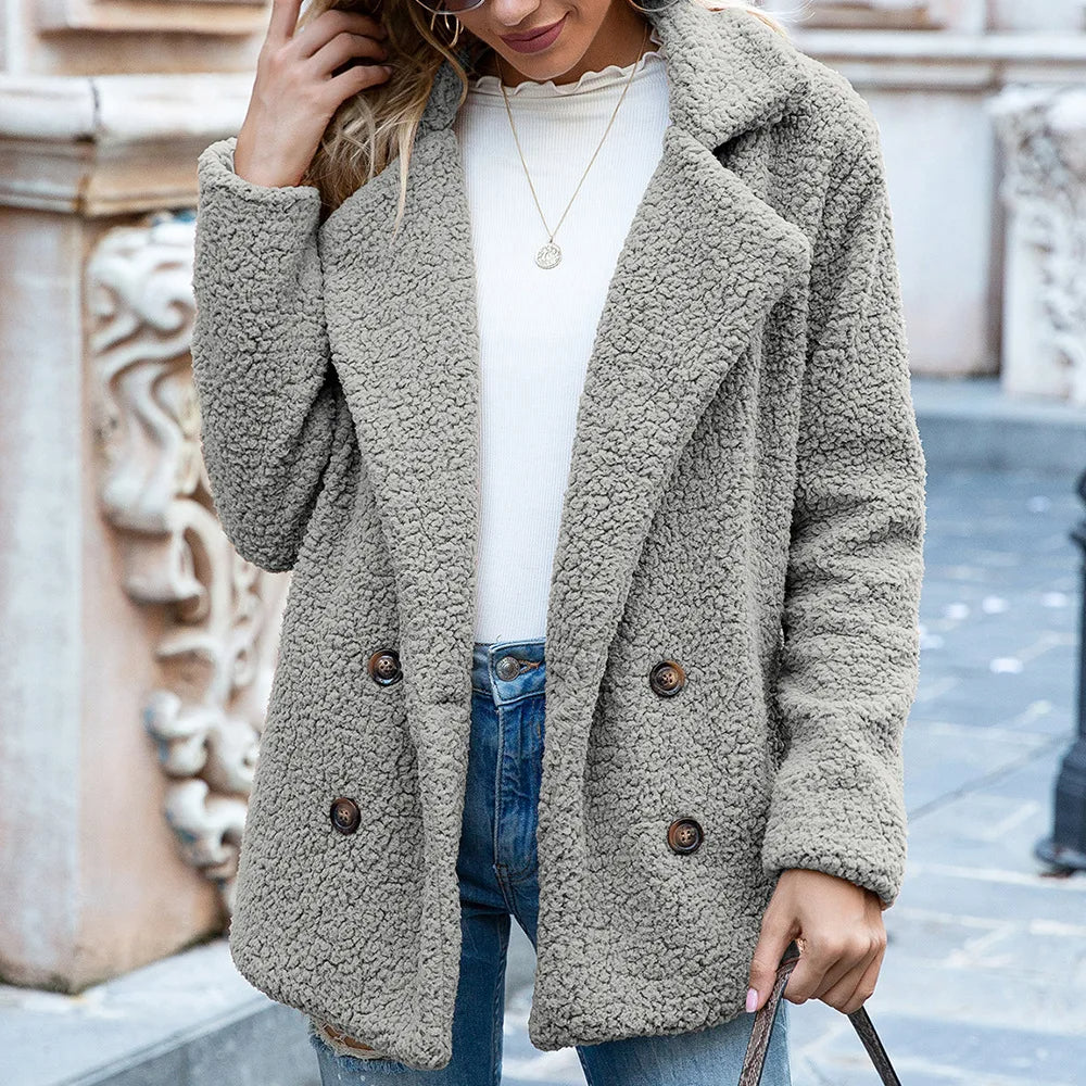 Levoire | Manteau intermédiaire Teddy élégant à double boutons pour femmes Gris