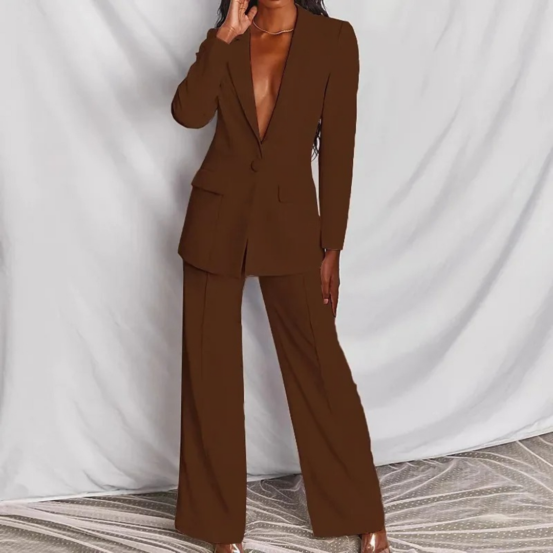 Levoire | Ensemble Deux Pièces Luxueux Pour Femme - Col En V Marron foncé