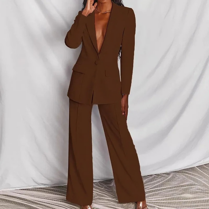 Levoire | Ensemble Deux Pièces Luxueux Pour Femme - Col En V Marron foncé