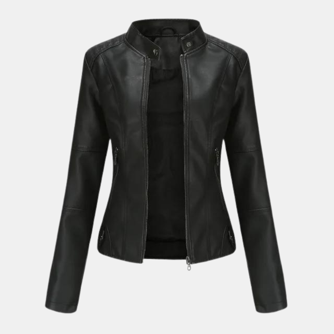 Levoie | Veste en cuir pour femmes avec col montant Noir
