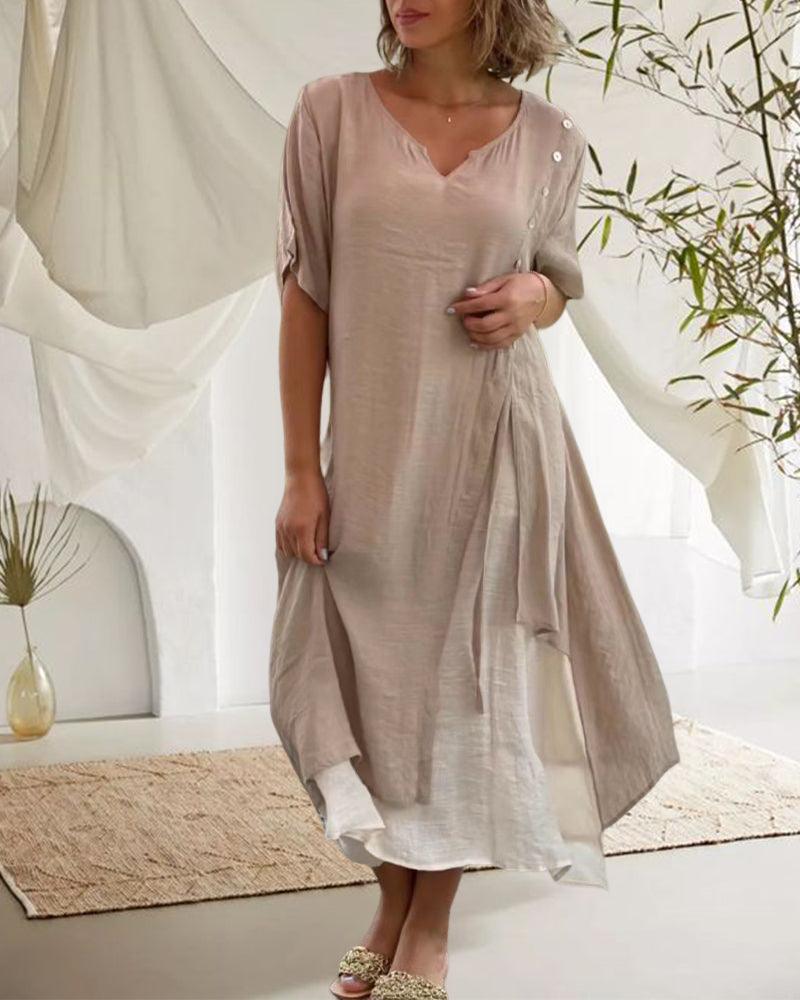 Levoire | Robe À Manches Courtes Et Col En V Pour Un Style Casual Chic Kaki