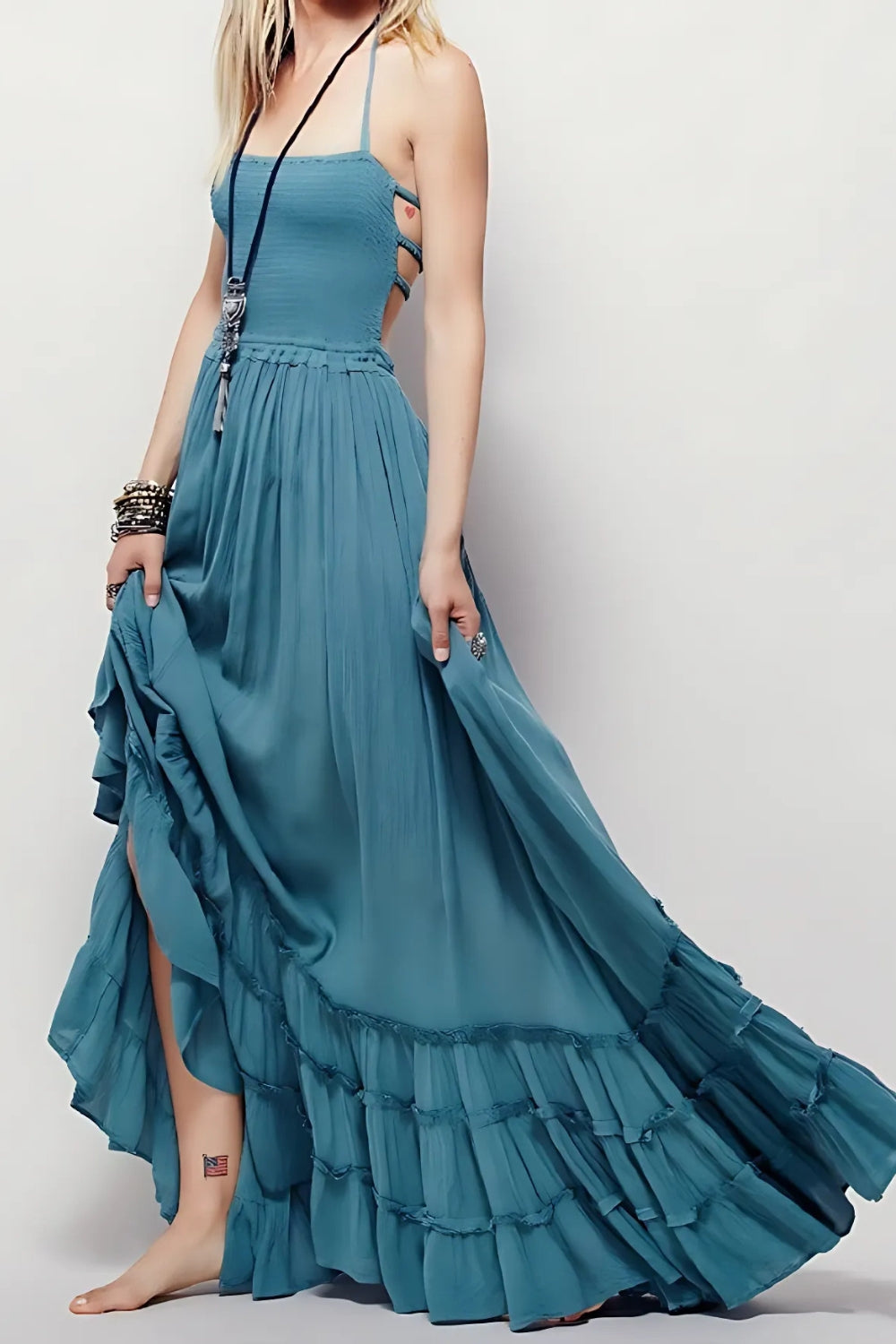 Levoire | Robe Maxi Halter d'été pour femmes avec dos ouvert Bleu
