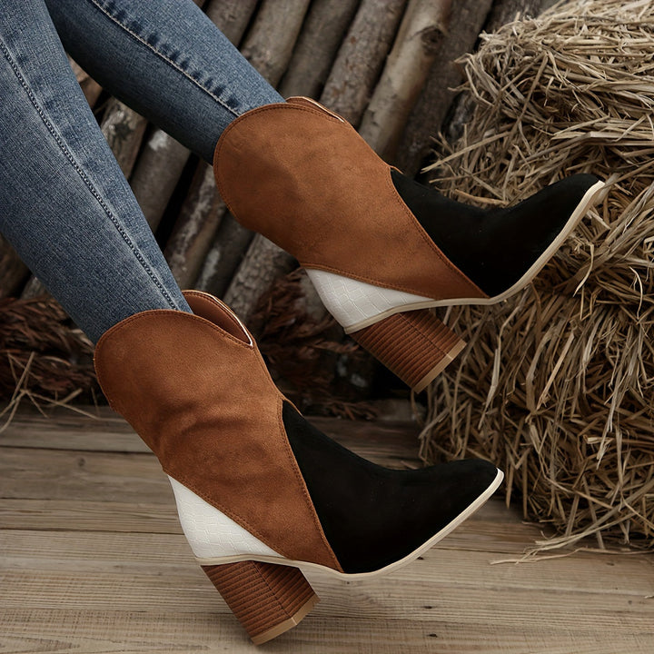 Levoire | Bottes Pour Femmes Brodées, Bout De Chaussure Carré, Talon Épais, Style Cowboy Facile À Enfiler En Velours Et En Denim