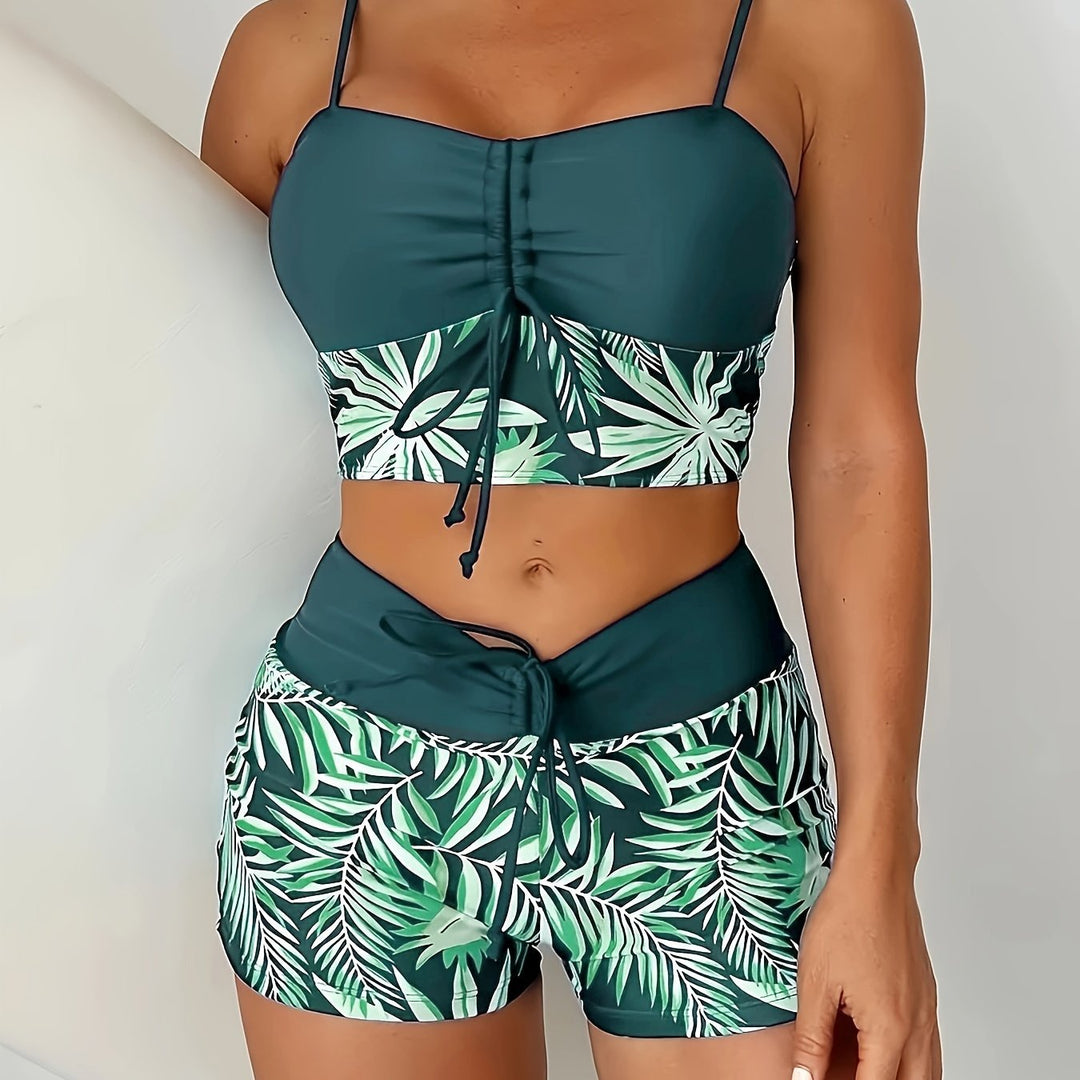 Levoire | Ensemble De Bikini Deux Pièces Avec Motif De Feuilles Et Shorty