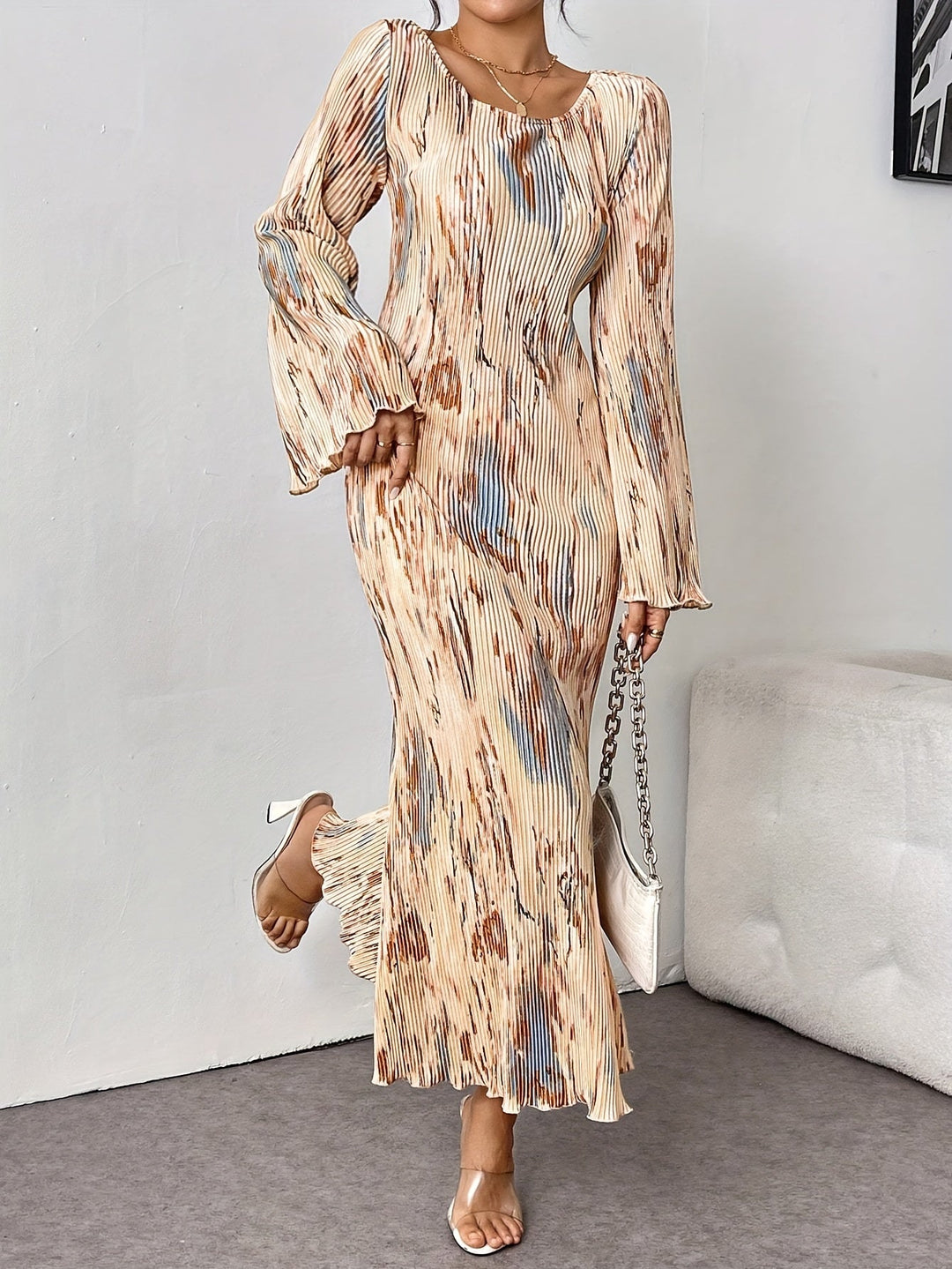 Levoire | Encolure Ronde Et Impression Intégrale, Élégant, Coupe Slim Avec Des Manches Évasées Et Longueur Cheville Pour Le Printemps Et L'Automne, Vêtements Pour Femmes