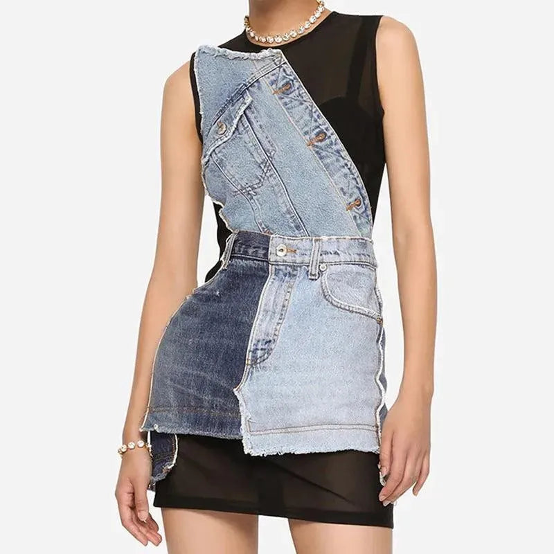 Levoire | Robe Sans Manches En Maille Avec Fermeture Et Détails Jean Couleur