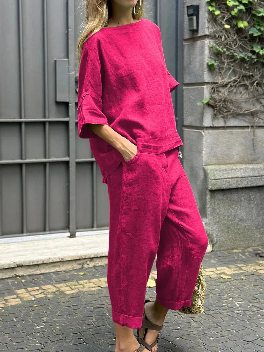 Levoire | Décontracté Haut Rond Uni & Pantalon Rosa