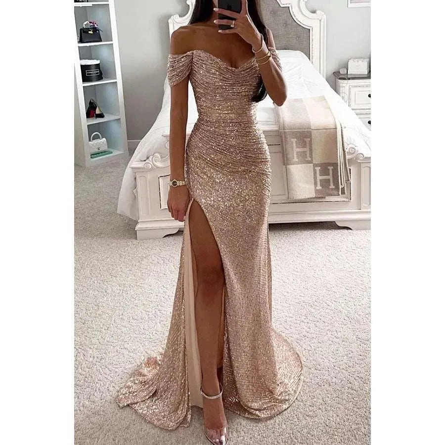 Levoire | Robe à encolure ronde avec des paillettes pour les fêtes Champagne