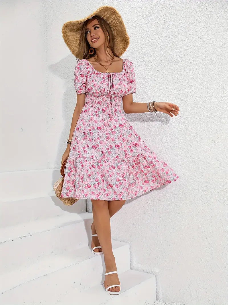Levoire | Robe De Vacances Avec Imprimé Floral, Détail De Nœud À L'Avant Et Décolleté Carré