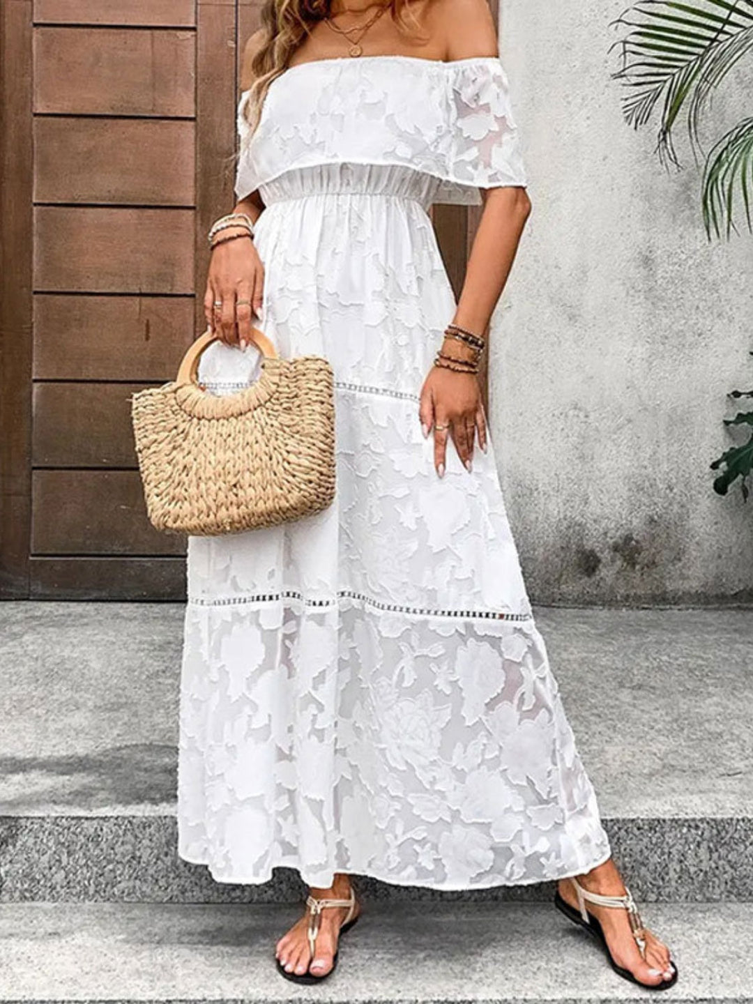 Levoire | Décolleté Épaules Nues Robe Maxi À Manches Courtes