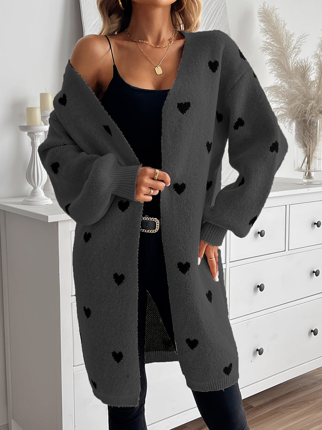 Levoire | Cardigan Long à Motif Cœur avec Pattes de Renforcement Gris