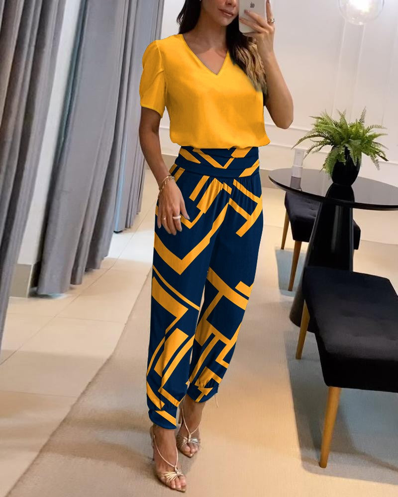 Levoire | Combinaison À Décolleté En V Pour Femmes Jaune-Bleu Imprimé