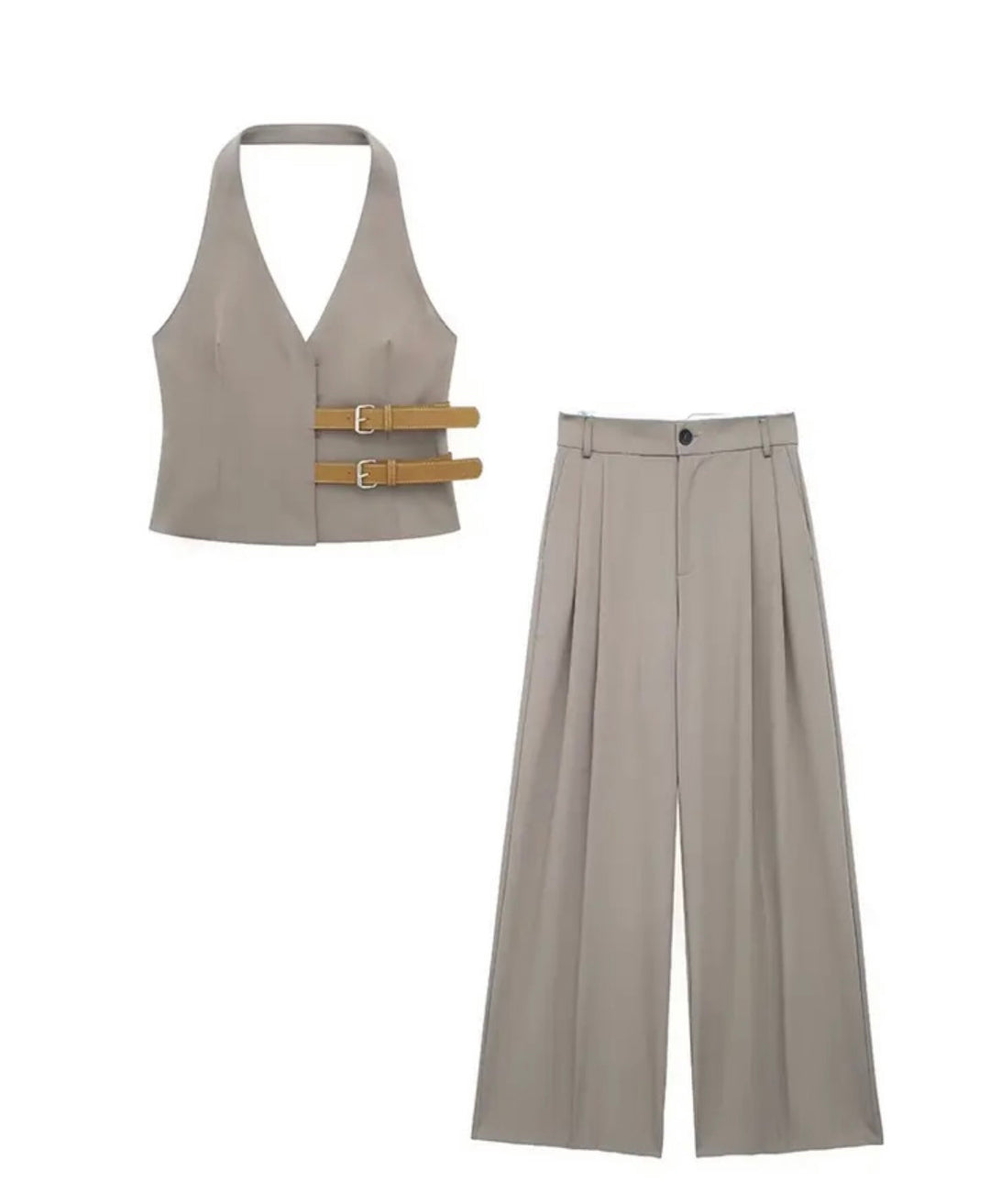 Levoire | Femme Tendance Sans Manches Ensemble Avec Top À Boucles Et Pantalon À Plis Ample En Beige