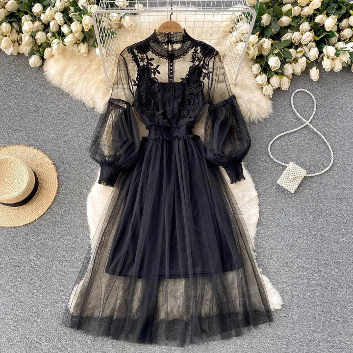 Levoire | Robe femme avec un design en mesh tempétueux avec des fleurs Noir Une taille