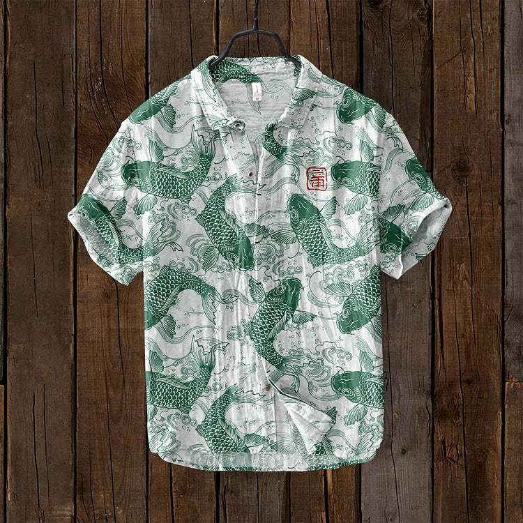 Levoire | Chemise En Mélange De Lin Vintage Fisch Art Japonais Vert menthe