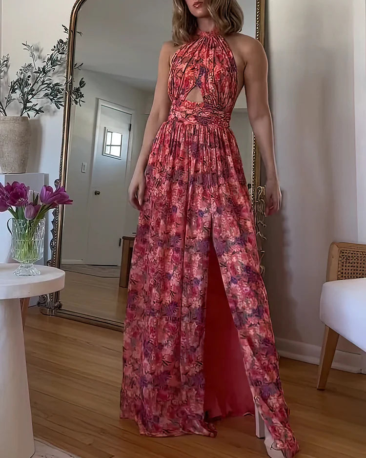 Levoire | Collier Croisé Dentelle Plissé Manches Maxi Robe Rose foncé