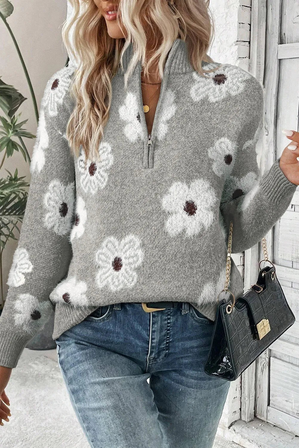 Levoire | Chemise à col montant à motif floral à manches longues Gris