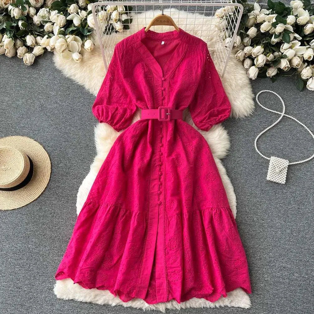 Levoire | Robe à col en V et manches bouffantes pour femmes Rosenrot