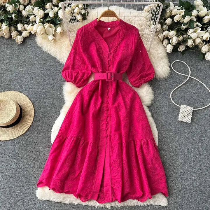 Levoire | Robe à col en V et manches bouffantes pour femmes Rosenrot