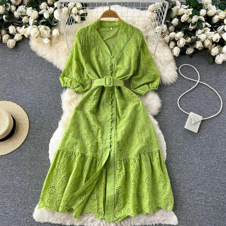 Levoire | Robe à col en V et manches bouffantes pour femmes Vert clair